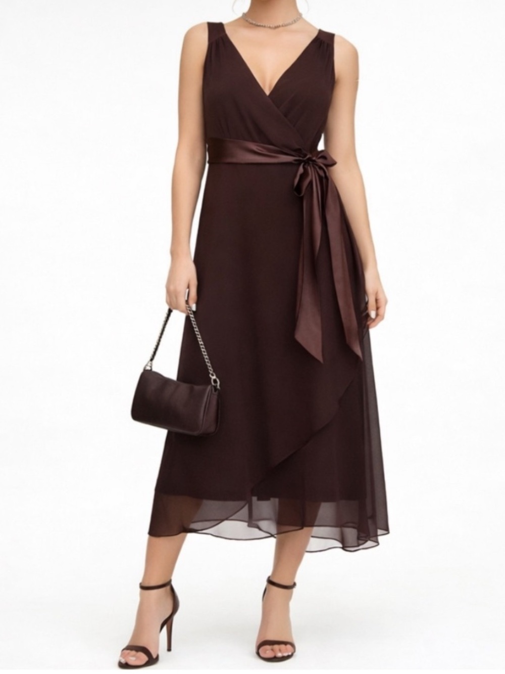 JONES WEAR Baby doll Black V-Neck Wrap Midi Dress with Satin Waist Tie